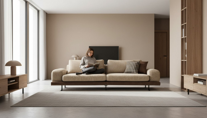 Beige Sofa Luxus Drësëtzer Moderne Stil Wunnzëmmer Couch Polstersaar.