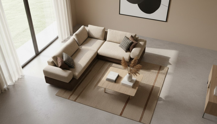 Modernen Eckcouch an L-Form fir Wunnzëmmer, Textile Couch, nei Miwwel.