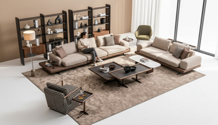 Brong Textil Sofa Set Wunnzëmmer Couch Drësëtzer Luxus Holzméiwel