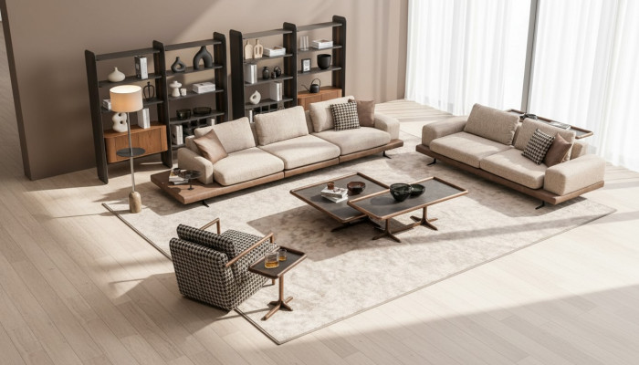 Brong Textil Sofa Set Wunnzëmmer Couch Drësëtzer Luxus Holzméiwel