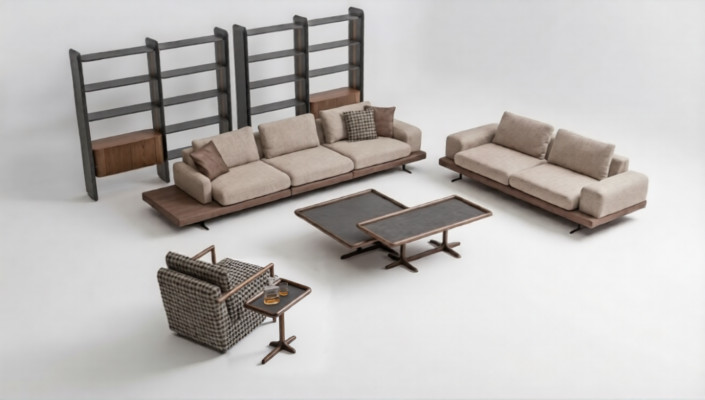 Brong Textil Sofa Set Wunnzëmmer Couch Drësëtzer Luxus Holzméiwel