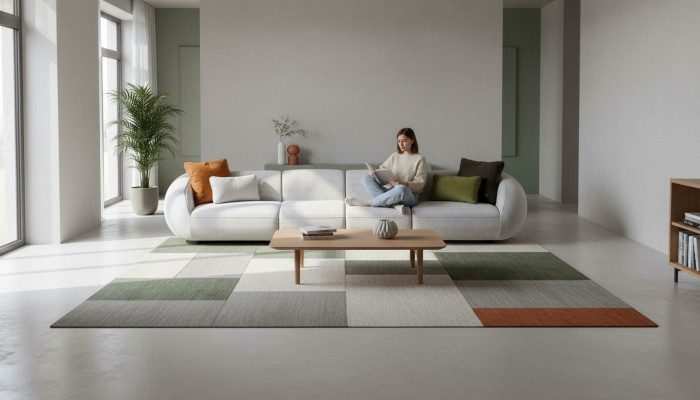 Gro Szëlwer Wunnlandschaft Sechssëtzegt Polstersofa a Stoff Eckloung Modern