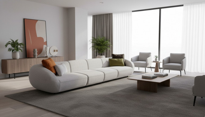Gro Szëlwer Wunnlandschaft Sechssëtzegt Polstersofa a Stoff Eckloung Modern