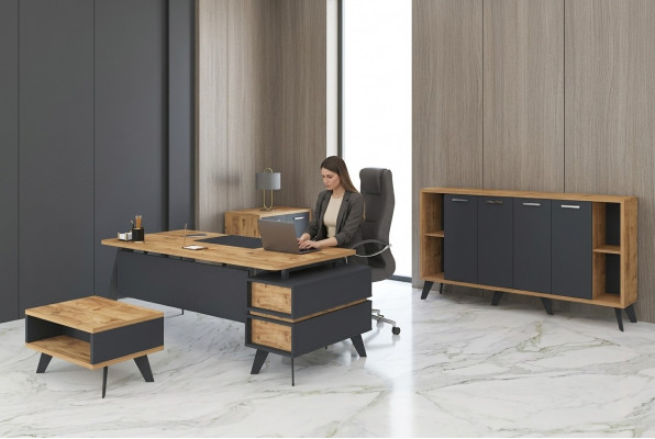 Agence Büro Set Aarbechtszëmmer Schreifdëscher Schief Dësch 4 Deeler