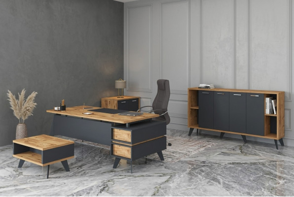 Agence Büro Set Aarbechtszëmmer Schreifdëscher Schief Dësch 4 Deeler