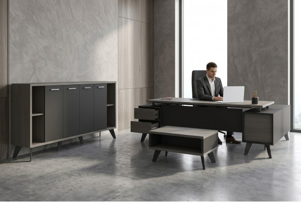 Aarbechtszëmmer Büro Miwwelen Schreiwedësch Couchdësch Akteschaf 3tlg Set