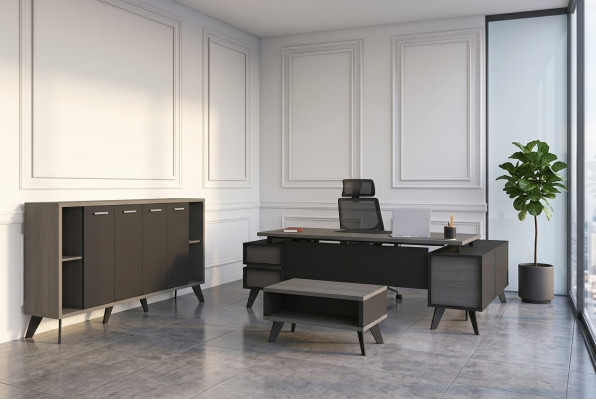 Aarbechtszëmmer Büro Miwwelen Schreiwedësch Couchdësch Akteschaf 3tlg Set