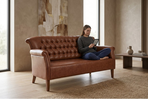 Luxus Dräisëtzer Chesterfield Canapé Braun Sëtzmiwwel Modern Sofen