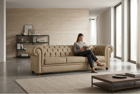 Beige Chesterfield Drësëtz Büro Miwwel Sofa Polstersofa Luxus Miwwel