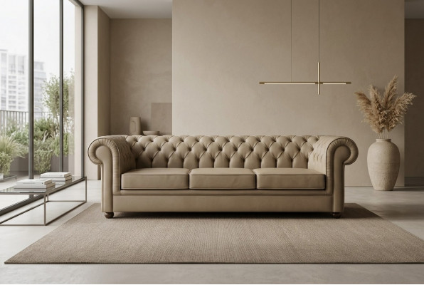 Beige Chesterfield Drësëtz Büro Miwwel Sofa Polstersofa Luxus Miwwel