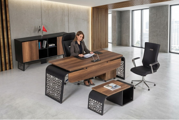 Moderne hëlze Büro-Eckschrëft Dossierenschaf Couchtisch.