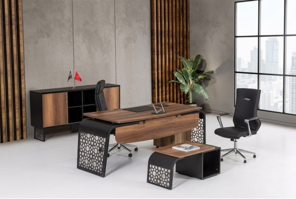 Moderne hëlze Büro-Eckschrëft Dossierenschaf Couchtisch.