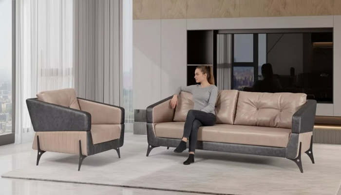 Luxus Sofagarnitur Sofa Beige Aarbechtszëmmer Fauteuil Dräisëtzer Sëtzer