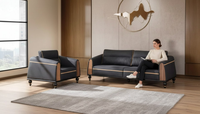 Schwaarzt Sofa Set Moderne Garnitur Drësëtzer Sessell Stoffmiwwelen 2-Deelersatz.