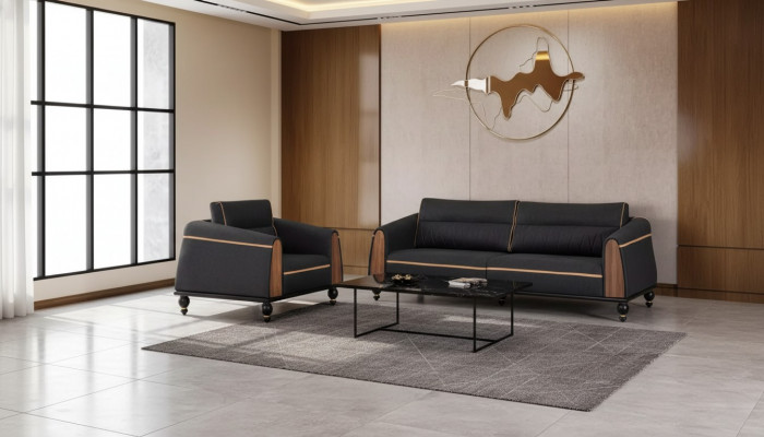 Schwaarzt Sofa Set Moderne Garnitur Drësëtzer Sessell Stoffmiwwelen 2-Deelersatz.