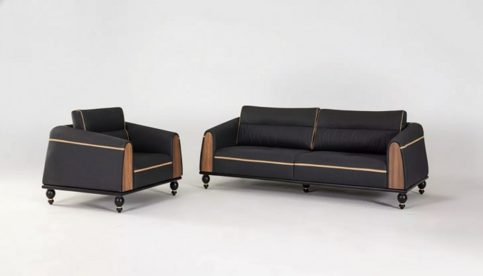 Schwaarzt Sofa Set Moderne Garnitur Drësëtzer Sessell Stoffmiwwelen 2-Deelersatz.