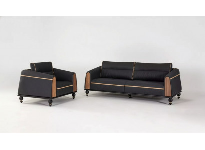 Schwaarzt Sofa Set Moderne Garnitur Drësëtzer Sessell Stoffmiwwelen 2-Deelersatz.