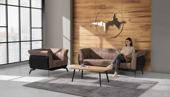 Braune Sofagarnitur Dräisëtzer Sesselen Aarbechtszëmmermiwwel Canapé-Set 2 Stéck