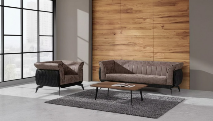 Braune Sofagarnitur Dräisëtzer Sesselen Aarbechtszëmmermiwwel Canapé-Set 2 Stéck