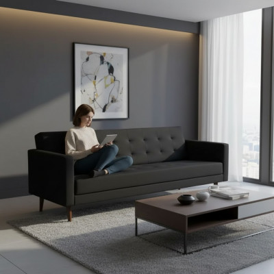 Schwaarz Sofa 3 Sëtzer Aarbechtszëmmer Textil Miwwelen Couch Polster Stoff