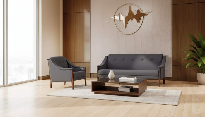 Grau Polster Sofa Garnitur Dräisëtzer Fotel Komplett Modern 2 Deeler Nei