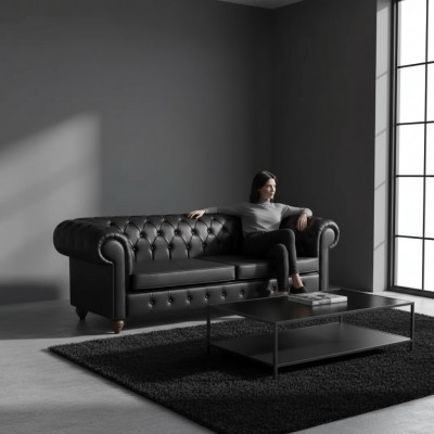 Schwaarzen Chesterfield Dräi-Sëtzer Büro-Ariichtung Couch Luxus Sëtz