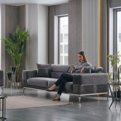 Gro Sofa 3-Sëtzer Dräisëtzer Luxus Canapé Gro Miwwelen Pouster Textil Samt