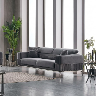 Gro Sofa 3-Sëtzer Dräisëtzer Luxus Canapé Gro Miwwelen Pouster Textil Samt