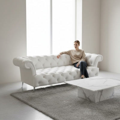 Chesterfield Sofa 3 Sëtzer Luxus Couch Kënschtlech Lieder Sofas Wäiss Lieder-Sofa