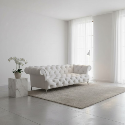 Chesterfield Sofa 3 Sëtzer Luxus Couch Kënschtlech Lieder Sofas Wäiss Lieder-Sofa