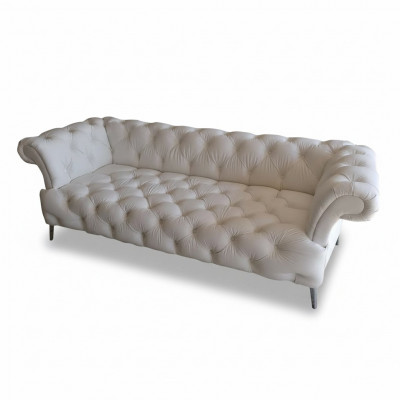 Chesterfield Sofa 3 Sëtzer Luxus Couch Kënschtlech Lieder Sofas Wäiss Lieder-Sofa