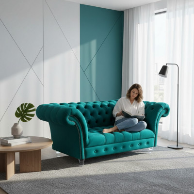Chesterfield Luxus Sofa 2 Sëtzer Textil Canapé Blo Sofas Gréng Couchen