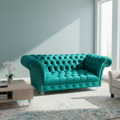 Chesterfield Luxus Sofa 2 Sëtzer Textil Canapé Blo Sofas Gréng Couchen