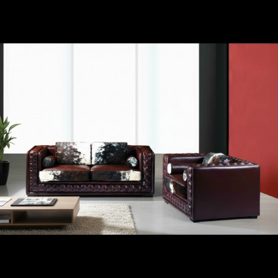 Dunkelrout Chesterfield Sofagarnitur 3+2 Sëtzer 2tlg. Lieder-Set mat Ponyfell