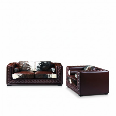 Dunkelrout Chesterfield Sofagarnitur 3+2 Sëtzer 2tlg. Lieder-Set mat Ponyfell