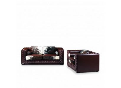 Dunkelrout Chesterfield Sofagarnitur 3+2 Sëtzer 2tlg. Lieder-Set mat Ponyfell
