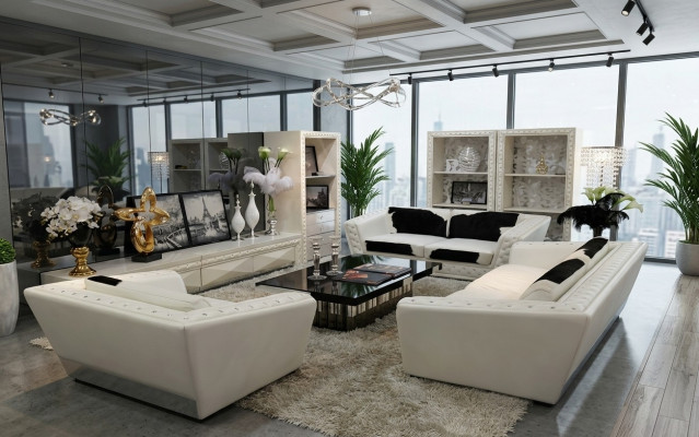 Sëtzgrupp Chesterfield 3+2+1 Sëtz Sessel Sofa Lieder mat Ponyfell