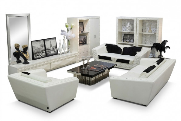 Sëtzgrupp Chesterfield 3+2+1 Sëtz Sessel Sofa Lieder mat Ponyfell