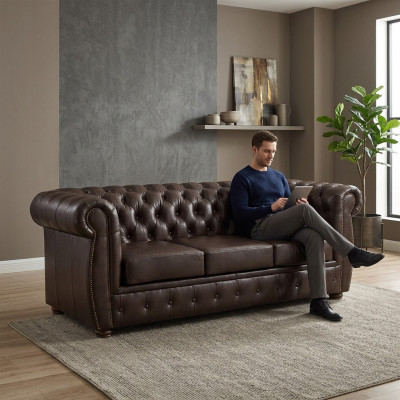 Chesterfield Sofa Ledersofa Couch 3 Sëtzer Original Bruin Sofas