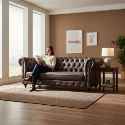 Sofa 3 Sëtz Chesterfield Canapé Echtlieder Sofas Brong Canapéen Miwwelen