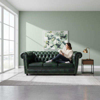 Chesterfield Sofa Drësëtzer Echtlieder Couch Gréng Liederzofa 230cm Miwwelen
