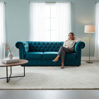 Chesterfield Sofà 3 Sëtzer Textil Couchen Stoff Blo Sofas Modern