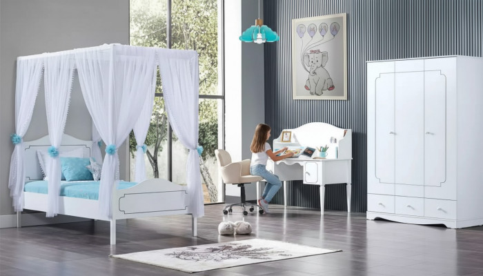 Kandeskummer Schlofzëmmer Bett Himmelbett 100x200cm Wäiss Holz Better