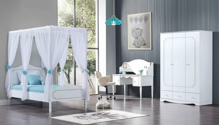 Kandeskummer Schlofzëmmer Bett Himmelbett 100x200cm Wäiss Holz Better