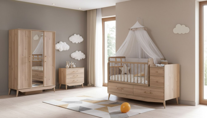 Bëbee Schlofzëmmer Komplettzëmmer Babybett Schaf Kommode 3 Deeler.
