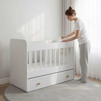 Babybett Kannerbett Bëtteset Schublade wäiss am Stil fir d'Kandenzëmmer