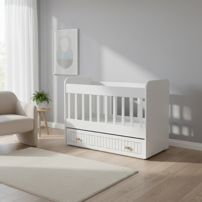 Babybett Kannerbett Bëtteset Schublade wäiss am Stil fir d'Kandenzëmmer