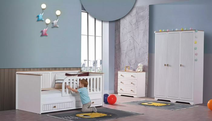 Kannerzëmmer Jugendzëmmer wäiss Bett Kommode Kleederschaf 3-deelech