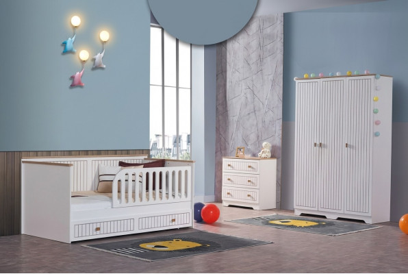 Kannerzëmmer Jugendzëmmer wäiss Bett Kommode Kleederschaf 3-deelech