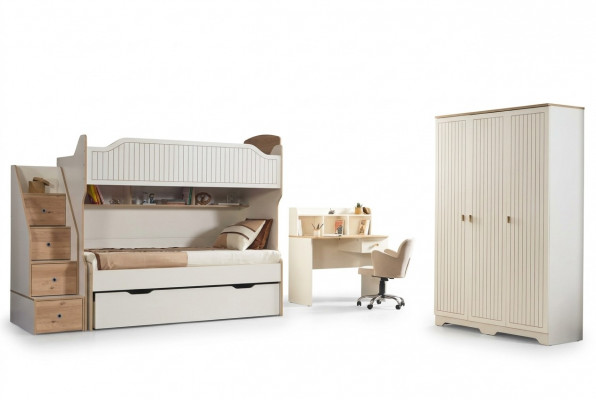 Kannerzëmmer Stäckbett Héichbett Set Schreifdësch Kleederschaf 3 Deeler.